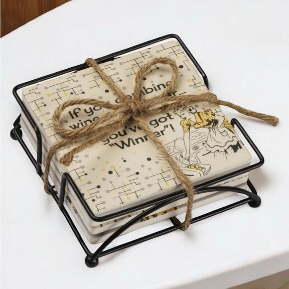 New Primitive by Kathy Retro 4”x 4” Coaster Set with Holder - Picture 2 of 5